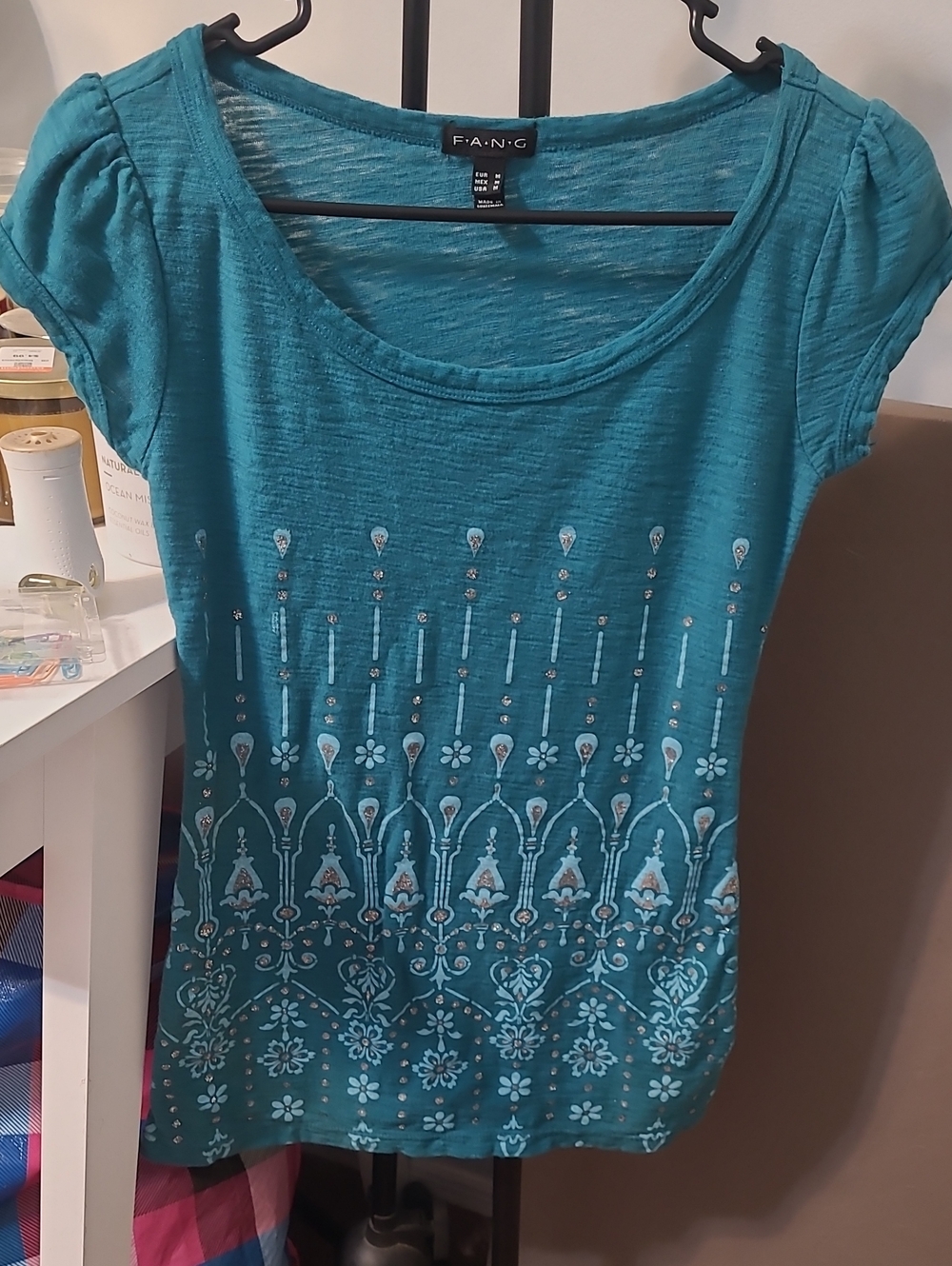 FANG Teal Scoop Neck Short Sleeve Printed Top